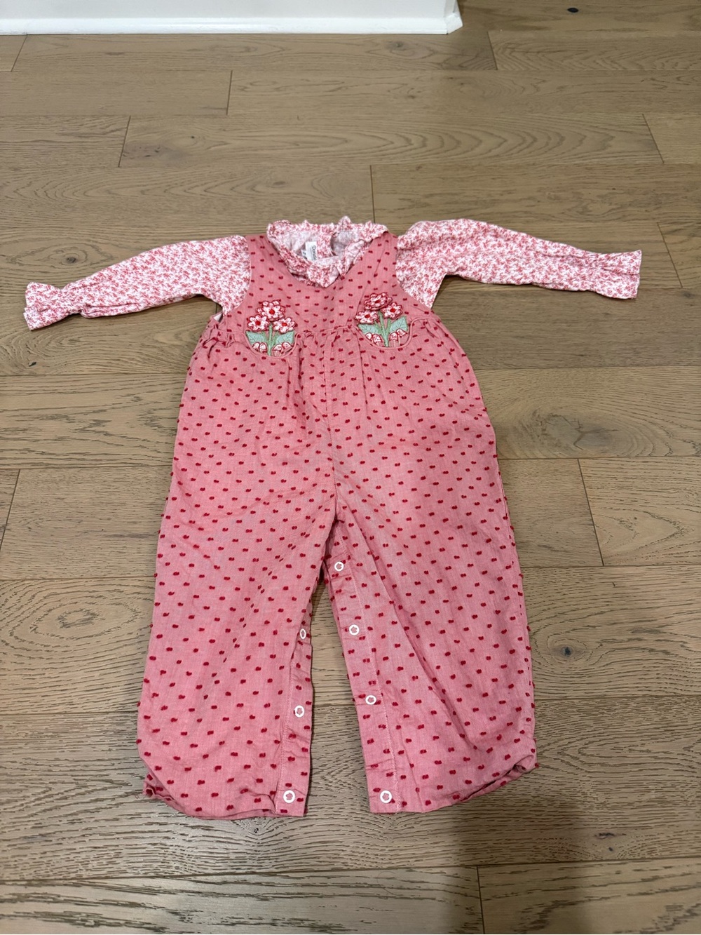 Dondolo Girls Pink Floral Romper Jumpsuit Size 2 Embroidered Flowers Long Sleeve